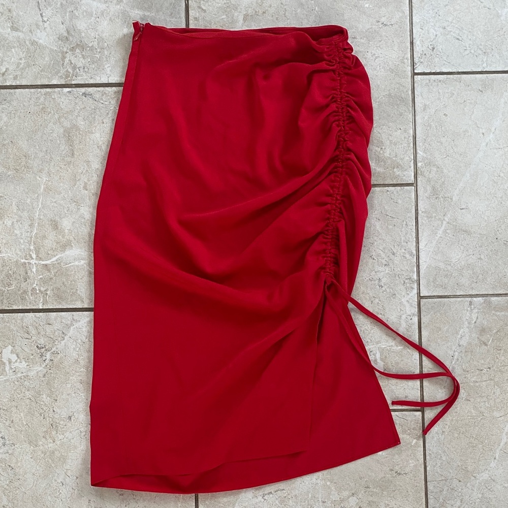 Trixxi Clothing Co Red Silky Cinched Midi Skirt